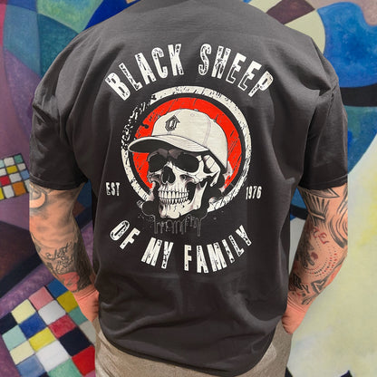 Custom "Black Sheep of My Family" T-Shirt with Skull & Cap Design - Personalise with Birth Year - Ideal for Skaters, Surfers & Bikers - Basement Designs
