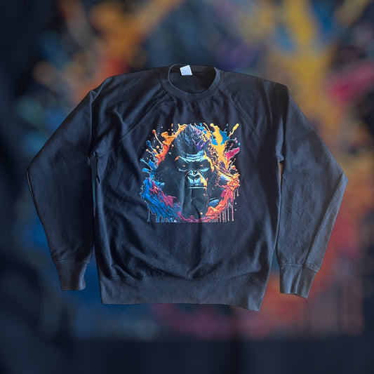 Small Black Sweatshirt with Colorful Gorilla Print - Vibrant and Unique