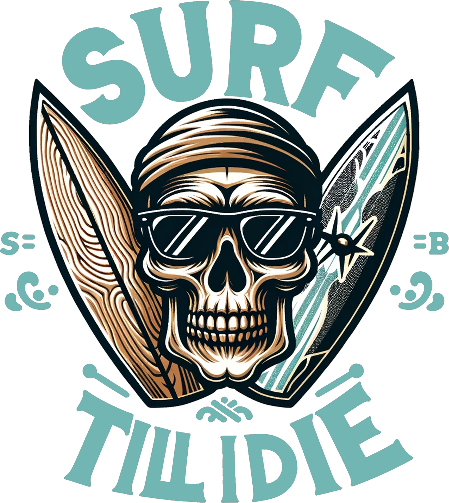 "Surf Till I Die" Skull and Crossed Surfboards T-Shirt - Ultimate Surfer Style