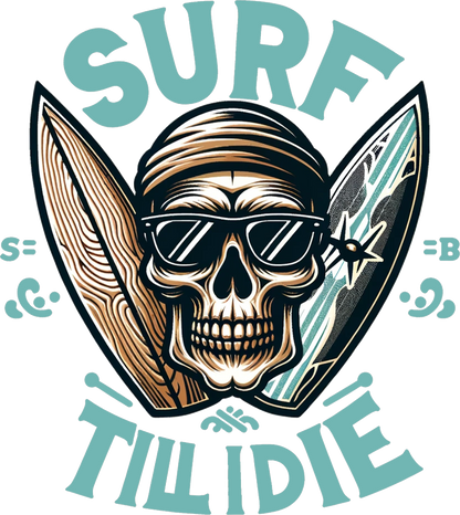 "Surf Till I Die" Skull and Crossed Surfboards T-Shirt - Ultimate Surfer Style