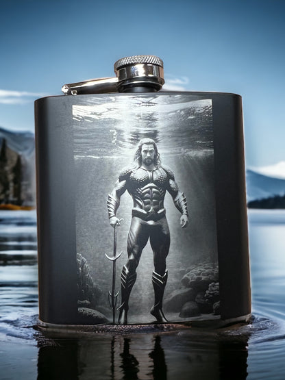 Aqua Man black hip flask with presentation box
