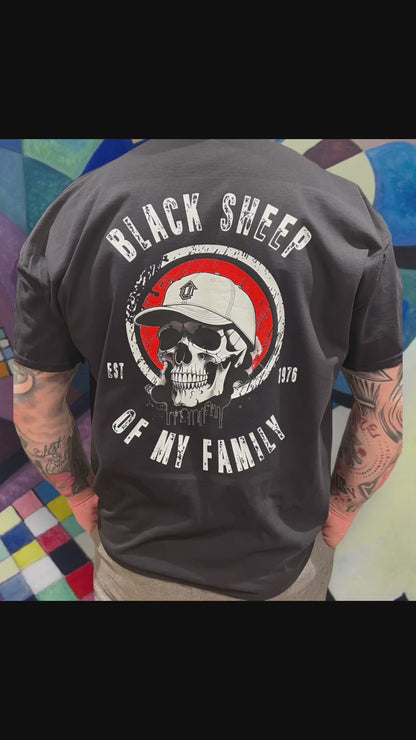 Custom "Black Sheep of My Family" T-Shirt with Skull & Cap Design - Personalise with Birth Year - Ideal for Skaters, Surfers & Bikers - Basement Designs
