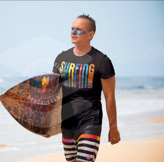 Vibrant Striped Surfing T-Shirt with Wave Design - Catch the Wave in Style