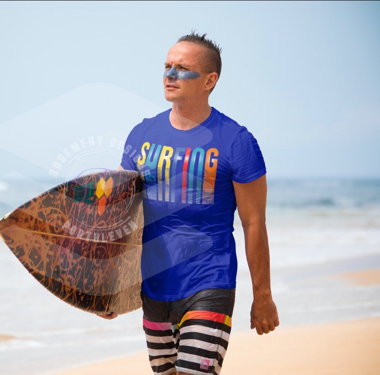 Vibrant Striped Surfing T-Shirt with Wave Design - Catch the Wave in Style