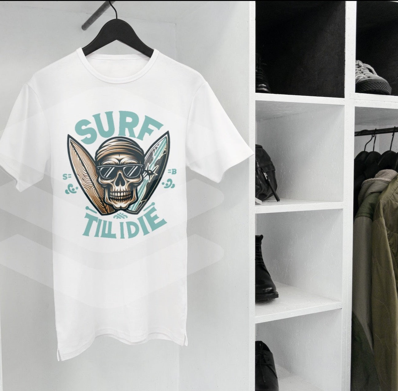 "Surf Till I Die" Skull and Crossed Surfboards T-Shirt - Ultimate Surfer Style