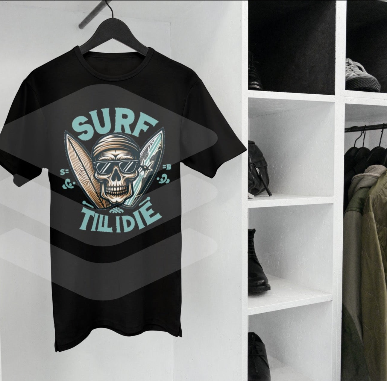 "Surf Till I Die" Skull and Crossed Surfboards T-Shirt - Ultimate Surfer Style