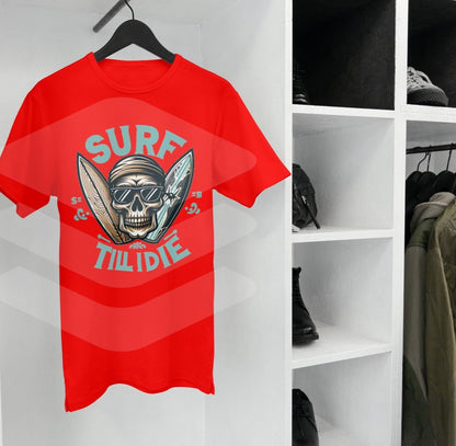 "Surf Till I Die" Skull and Crossed Surfboards T-Shirt - Ultimate Surfer Style