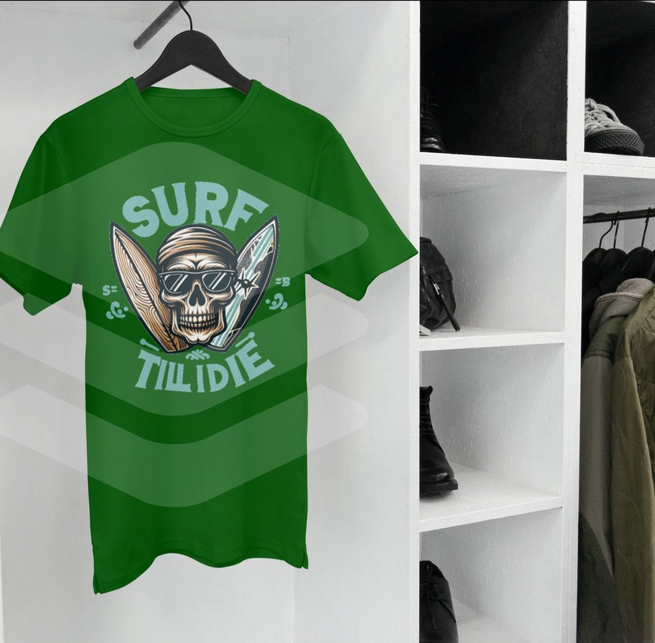 "Surf Till I Die" Skull and Crossed Surfboards T-Shirt - Ultimate Surfer Style